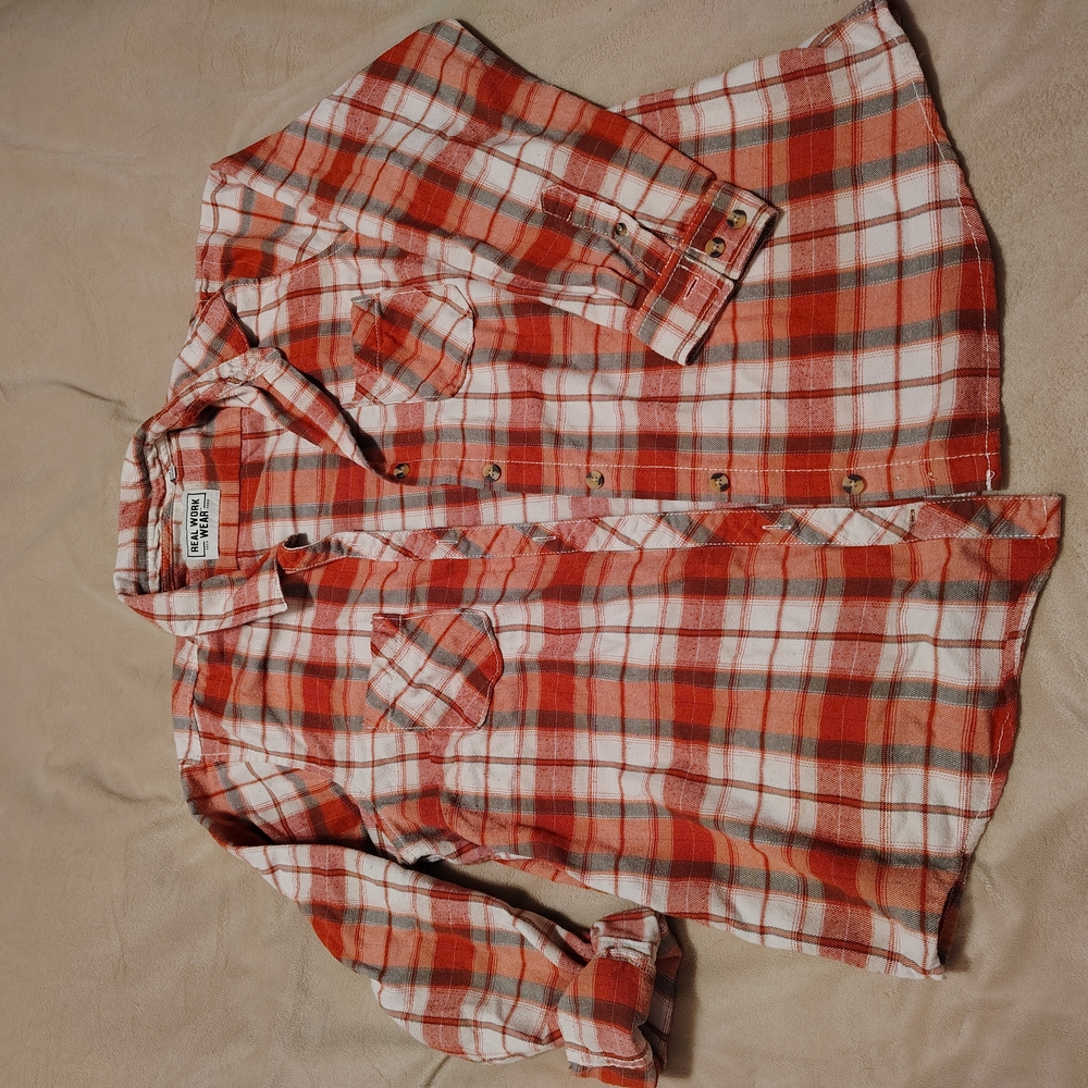 Real Work Wear Red and White Plaid Button-Up Shirt Size XL